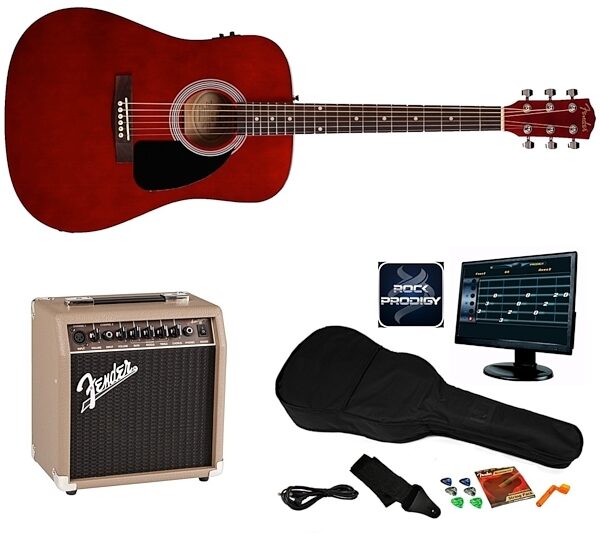 Fender FA-200 Q Acoustic-Electric Guitar Pack, Transparent Red