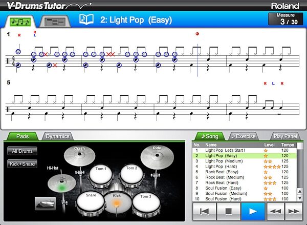 Roland DT-1 V-Drum Tutor Software, Screenshot Notation View