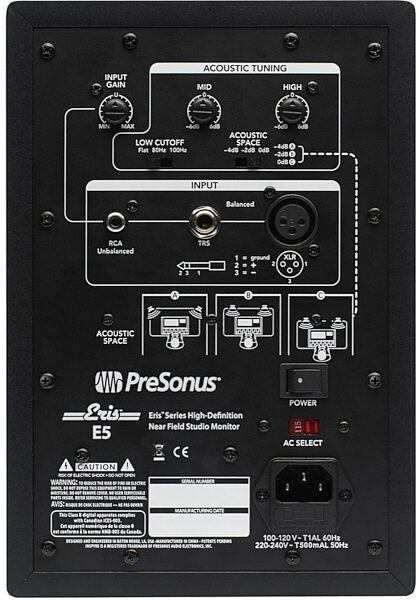 PreSonus Eris E5 High-Definition Active Studio Monitor, Single Speaker, Back