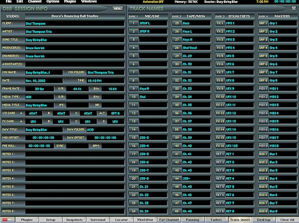 Mackie D8B Digital 8-Bus Pro Recording Console, Track Sheet