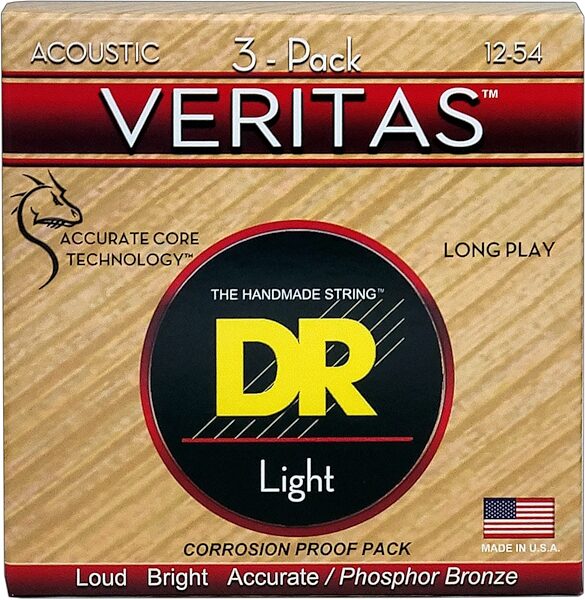 DR Strings Veritas Coated Core Technology Acoustic Guitar Strings, Medium, 13-54, 3-Pack, view--VTA-12-3PK
