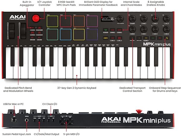 Akai MPK Mini Plus USB MIDI Keyboard Controller, 37-Key, New, Diagram