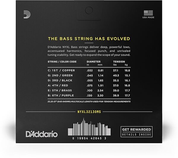 D'Addario Multi-Scale 6-String Electric Bass Strings, 32-130, NYXL32130MS, Action Position Back