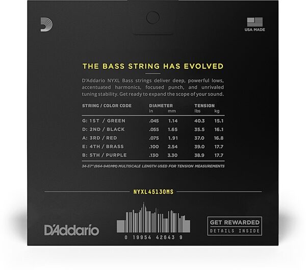 D'Addario NYXL MultiScale 5-String Electric Bass Strings, 45-130, NYXL45130MS, Action Position Back