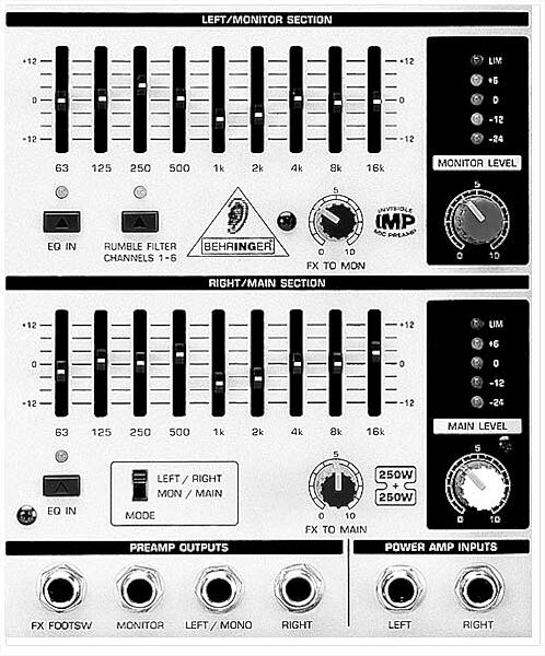 Behringer PMH2000 Europower 10-Channel Powered Mixer with FX (2x250 Watts), EQ - Main