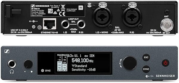 Sennheiser EW IEM G4 Wireless In-Ear Monitor System, Band A (516-558 MHz), Transmitter Front and Rear