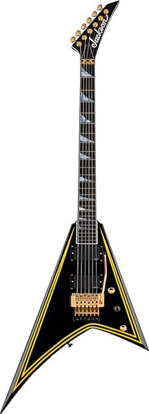 Jackson MJ Rhoads RR24MG Electric Guitar (with Case), Black with Yellow Pinstripes, Main with all components Front