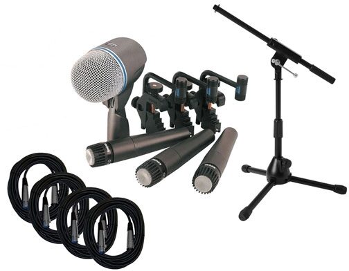 Shure DMK57-52 Drum Microphone Package (3 x SM57, 1 x Beta52, Case, Drum Mounts), With Tripod Stand and 4 Mic Cables, With Cables and Stand
