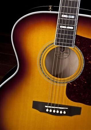 Guild F50 Jumbo Acoustic Guitar (with Case), Antique Burst Closeup