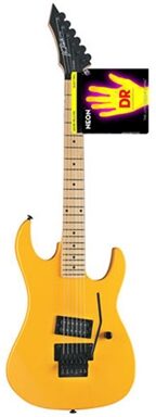 BC Rich Gunslinger Retro Electric Guitar with Floyd Rose Tremolo, Yellow with DR Neon Strings