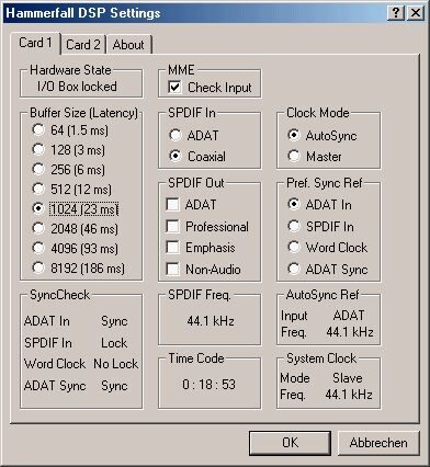 RME Multiface Hammerfall DSP 24/96K Interface, Settings Dialog
