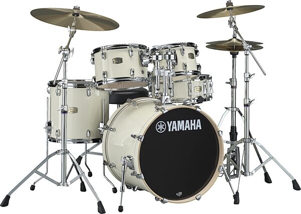 Yamaha SBP0F50 Stage Custom Drum Shell Kit, 5-Piece, Classic White, with Hardware and Drum Throne, Action Position Back