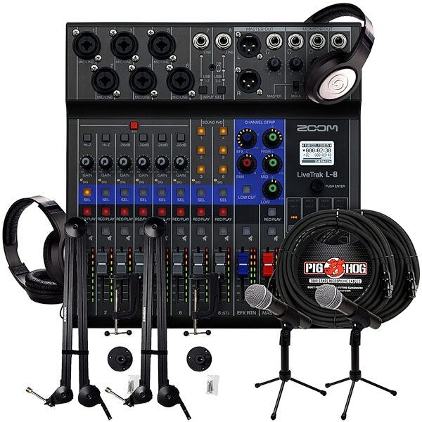 Zoom LiveTrak L-8 Digital Mixer Podcast Bundle, pack
