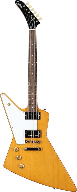 Epiphone 1958 Korina Explorer Electric Guitar, Left-Handed (with Case), Aged Natural, with White Pickguard, Scratch and Dent, Full Straight Front