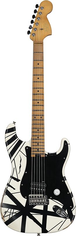 EVH Eddie Van Halen Striped '78 Eruption Electric Guitar (with Gig Bag), White and Black, Full Straight Front