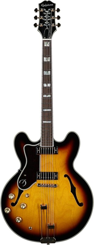 Epiphone Sheraton Semi-Hollow Body Electric Guitar, Left-Handed (with Gig Bag), Vintage Sunburst, Full Straight Front