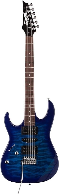 Ibanez GRX70QA Quilt Top Left-Handed Electric Guitar, Transparent Blue Burst, Full Straight Front