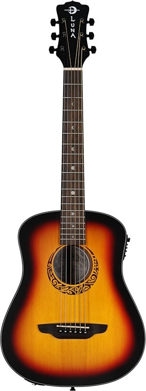 Luna Safari Tribal Travel Acoustic-Electric Guitar, Left-Handed (with Gig Bag), New, Full Straight Front
