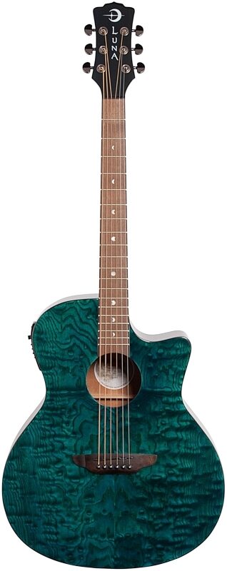 Luna Gypsy Quilt Top Acoustic-Electric Guitar, Teal, Full Straight Front