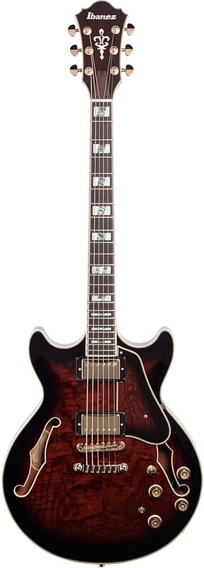 Ibanez Artstar AM153QA Semi-Hollowbody Electric Guitar (with Case), Dark Brown Sunburst, Full Straight Front