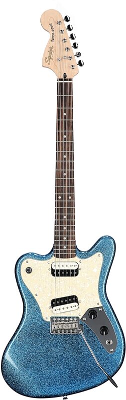 Squier Paranormal Super-Sonic Electric Guitar, with Laurel Fingerboard, Blue Sparkle, Full Straight Front