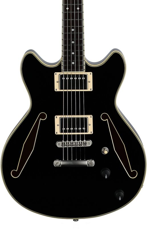 D'Angelico Excel Mini DC Tour Electric Guitar (with Gig Bag), Solid Black, Blemished, Body Straight Front
