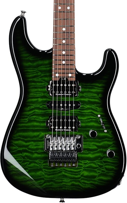 Charvel MJ San Dimas Style 1 HSH FR PF QM Electric Guitar, Transparent Green Burst, Body Straight Front