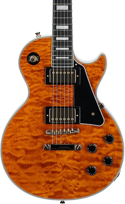 Epiphone Exclusive Les Paul Custom AAA Quilt Top Electric Guitar (with Gig Bag), Transparent Amber, Body Straight Front