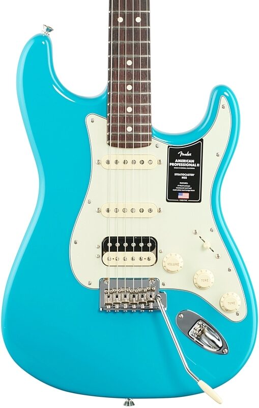 Fender American Pro II HSS Stratocaster Electric Guitar, Rosewood Fingerboard (with Case), Miami Blue, Body Straight Front