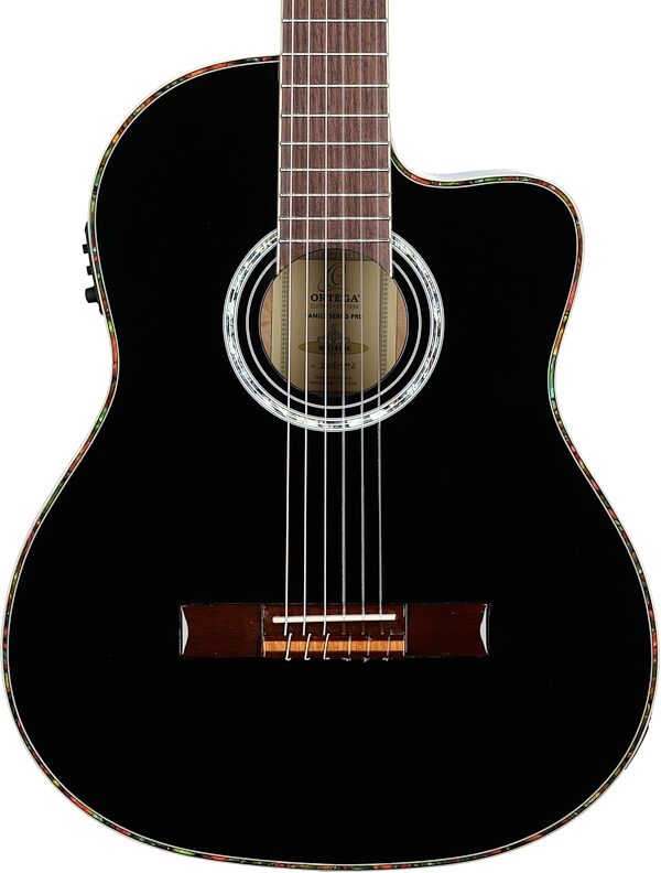 Ortega RCE141 Classical Acoustic-Electric Guitar (with Gig Bag), Black, Blemished, Body Straight Front