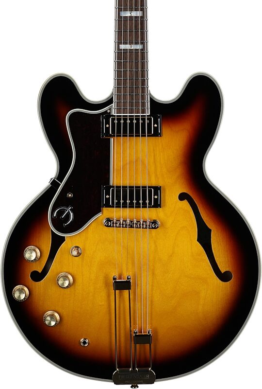 Epiphone Sheraton Semi-Hollow Body Electric Guitar, Left-Handed (with Gig Bag), Vintage Sunburst, Body Straight Front