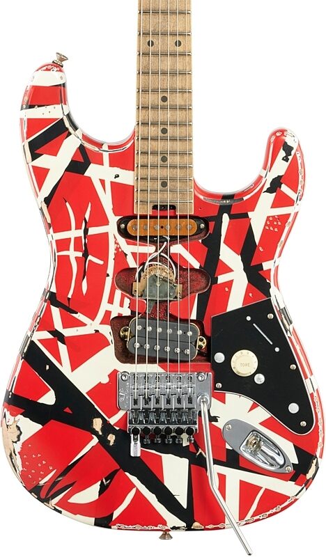EVH Eddie Van Halen Striped Series Frankenstein "Frankie" Electric Guitar, Red, White, and Black, Body Straight Front