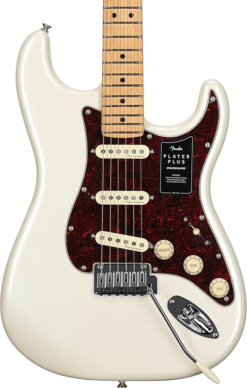 Fender Player Plus Stratocaster Electric Guitar, Maple Fingerboard (with Gig Bag), Olympic Pearl, Body Straight Front