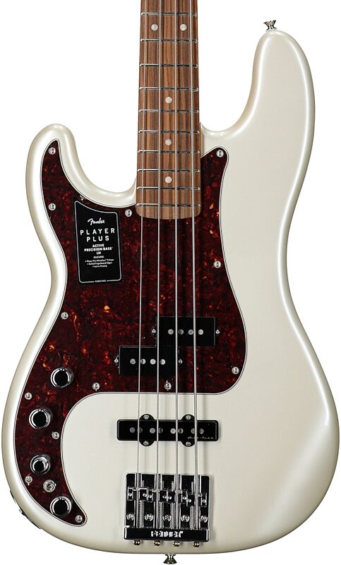 Fender Player Plus Precision Electric Bass, Left-Handed (with Pau Ferro Fingerboard and Gig Bag), Olympic White, Body Straight Front