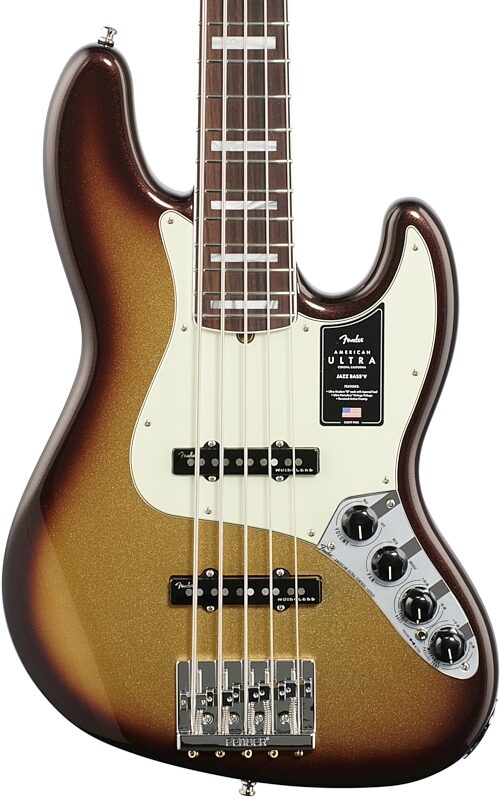 Fender American Ultra Jazz V Electric Bass, 5-String, Rosewood Fingerboard (with Case), Mocha Burst, Body Straight Front
