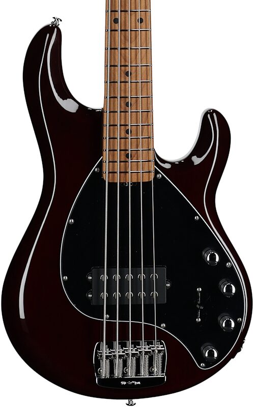 Ernie Ball Music Man StingRay 5 Special Electric Bass, 5-String (with Case), Translucent Oxblood, Maple Fretboard, Body Straight Front