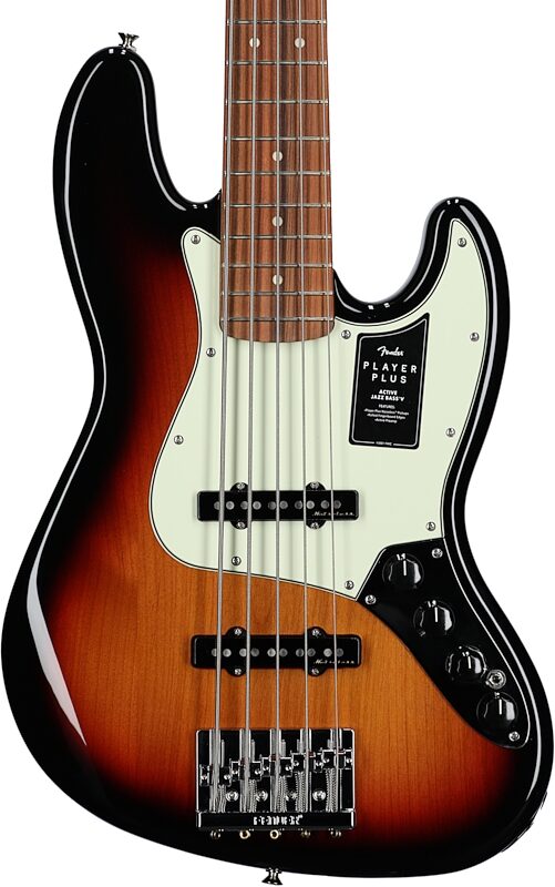Fender Player Plus V Jazz Electric Bass, Pau Ferro Fingerboard (with Gig Bag), 3-Color Sunburst, Body Straight Front