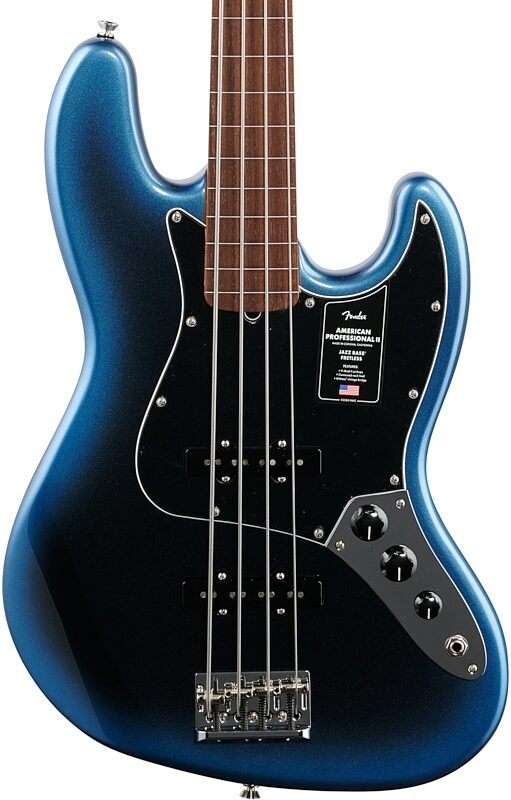 Fender American Pro II Jazz Bass Fretless Bass Guitar (with Case), Dark Night, Body Straight Front