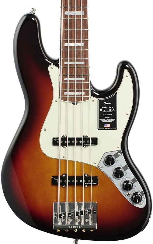 Fender American Ultra Jazz V Electric Bass, 5-String, Rosewood Fingerboard (with Case), Ultraburst, Body Straight Front