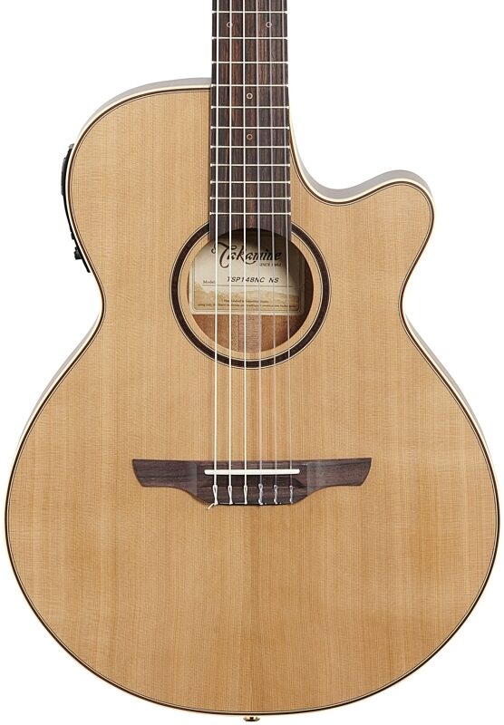 Takamine TSP148N Thinline Nylon Acoustic-Electric Guitar (with Gig Bag), Cedar Natural Satin, Body Straight Front
