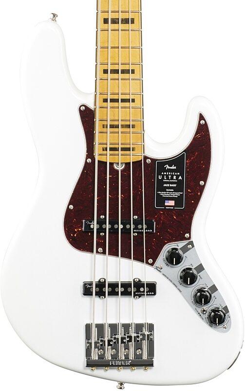 Fender American Ultra Jazz V Electric Bass, Maple Fingerboard (with Case), Arctic Pearl, Body Straight Front