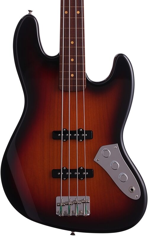 Fender Jaco Pastorius Fretless Jazz Electric Bass with Case, 3-Color Sunburst, Body Straight Front