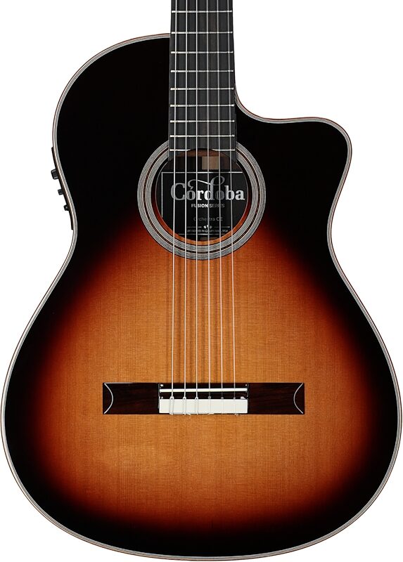 Cordoba Fusion Orchestra CE Classical Acoustic-Electric Guitar, Teardrop Burst, Body Straight Front