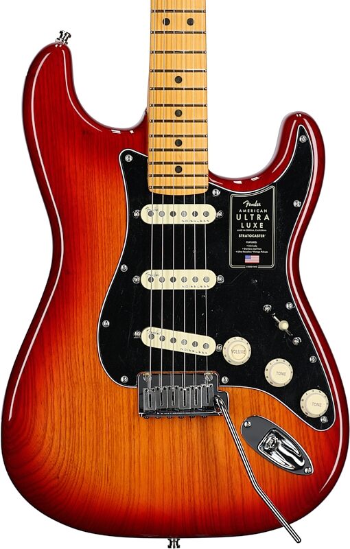 Fender American Ultra Luxe Stratocaster Electric Guitar, Maple Fingerboard (with Case), Plasma Red Burst, Body Straight Front