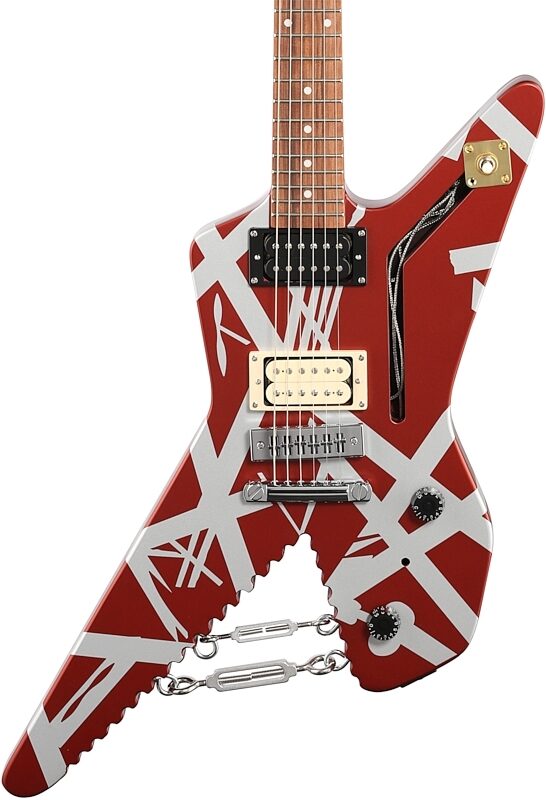 EVH Eddie Van Halen Striped Series Shark Electric Guitar, with Pau Ferro Fingerboard, Burgundy Silver, Body Straight Front
