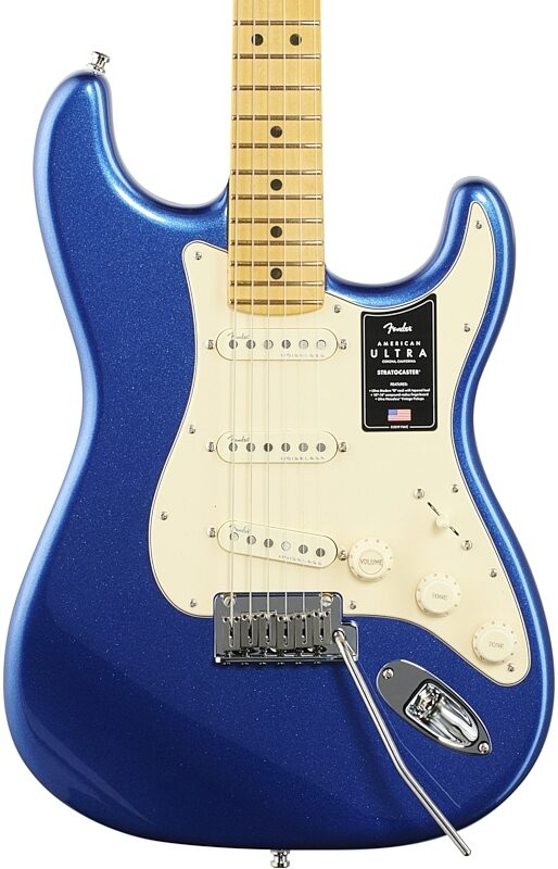 Fender American Ultra Stratocaster Electric Guitar, Maple Fingerboard (with Case), Cobra Blue, Body Straight Front