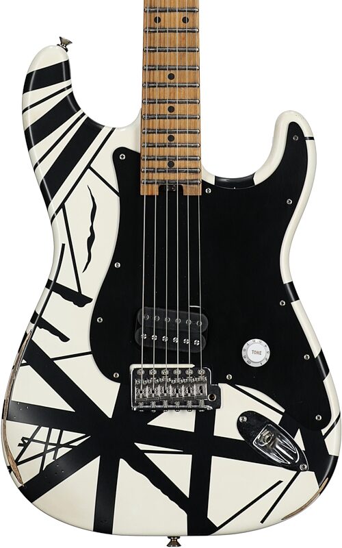 EVH Eddie Van Halen Striped '78 Eruption Electric Guitar (with Gig Bag), White and Black, Body Straight Front