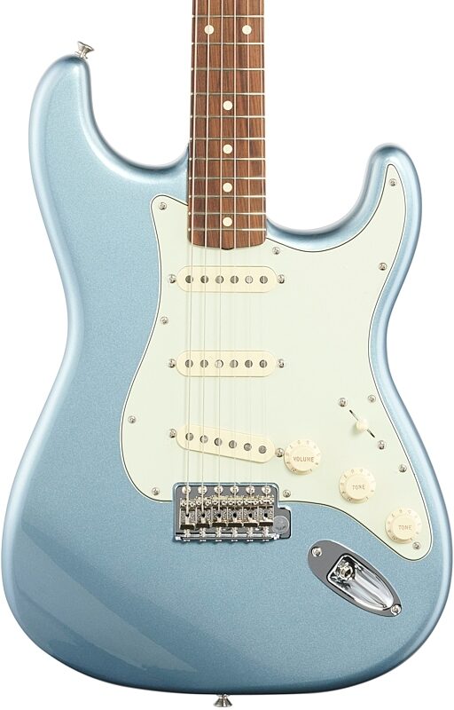 Fender Vintera '60s Stratocaster Electric Guitar, Pau Ferro (with Gig Bag), Ice Blue Metallic, Body Straight Front