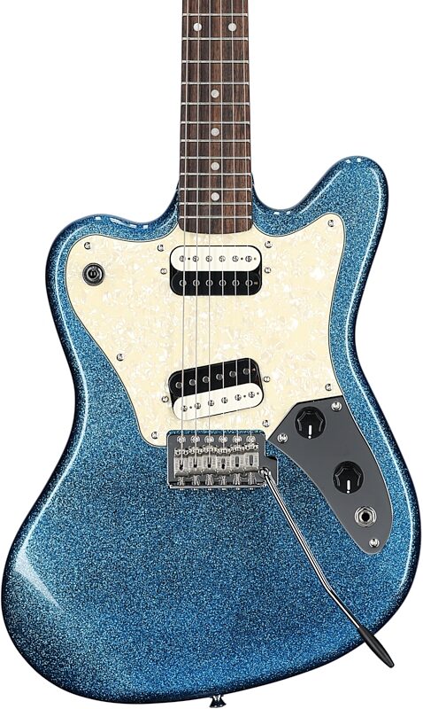 Squier Paranormal Super-Sonic Electric Guitar, with Laurel Fingerboard, Blue Sparkle, Body Straight Front