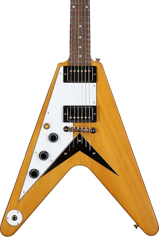 Epiphone 1958 Korina Flying V Electric Guitar, Left-Handed (with Case), With White Pickguard, Body Straight Front